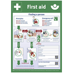 Aushang - Berufsgenossenschaft | Anleitung zur Ersten Hilfe bei Unfällen (Englisch)