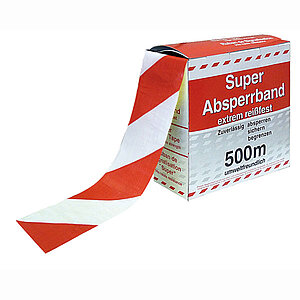 Absperrband rot/weiß schraffiert | Flatterband in Spenderbox mit Abrollvorrichtung