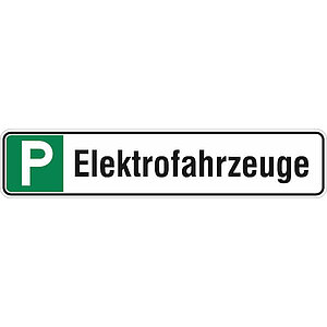 Parkplatzschild | Symbol: P, Text: Elektrofahrzeuge 11.1938 Parkplatzschild | Symbol: P, Text: Elektrofahrzeuge