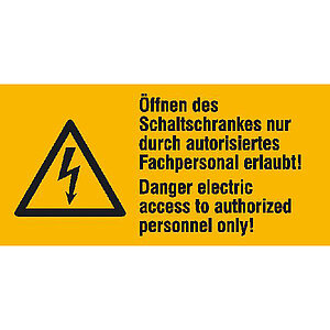 Warn-Kombischild auf Bogen | Öffnen des Schaltschrankes nur durch autorisiertes Fachpersonal erlaubt! 30.0666 Warn-Kombischild auf Bogen | Öffnen des Schaltschrankes nur durch autorisiertes Fachpersonal erlaubt!