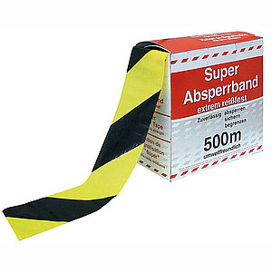 Absperrband gelb/schwarz schraffiert | Flatterband in Spenderbox mit Abrollvorrichtung KE1222 Absperrband gelb/schwarz schraffiert | Flatterband in Spenderbox mit Abrollvorrichtung