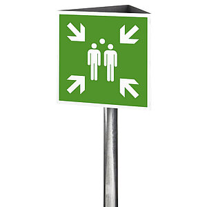 Fluchtwegschild-Dreieckskonstruktion | Sammelstelle, Beschriftung 3-seitig, retroreflektierend 53.A2025 Fluchtwegschild-Dreieckskonstruktion | Sammelstelle, Beschriftung 3-seitig, retroreflektierend