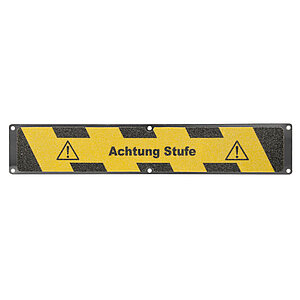 Antirutsch-Aluminiumplatte gelb/schwarz | zum verschrauben, mit Warnzeichen und Text: Achtung Stufe 90.1486 Antirutsch-Aluminiumplatte gelb/schwarz | zum verschrauben, mit Warnzeichen und Text: Achtung Stufe
