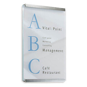 CLEAR Firmenschild | aus 1 x 6 mm Sicherheitsglas und 2 Aluminiumhaltern