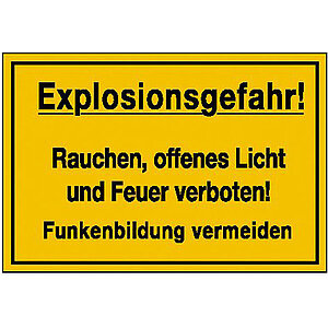 Hinweisschild - Betriebskennzeichnung | Explosionsgefahr! Rauchen, offenes Licht und Feuer