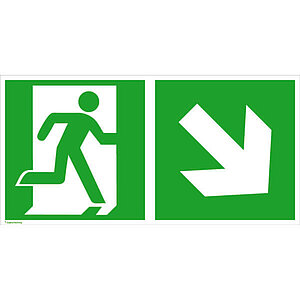 Fluchtwegschild - langnachleuchtend | Notausgang rechts mit Zusatzzeichen: Richtungsangabe rechts abwärts
