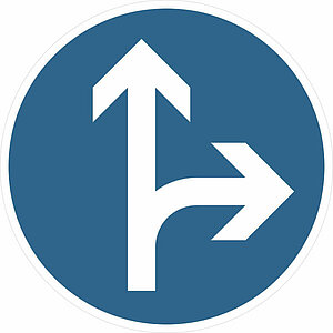 Verkehrsschild | Vorgeschriebene Fahrtrichtung geradeaus oder rechts VZ: 214 53.6100 Verkehrsschild | Vorgeschriebene Fahrtrichtung geradeaus oder rechts VZ: 214
