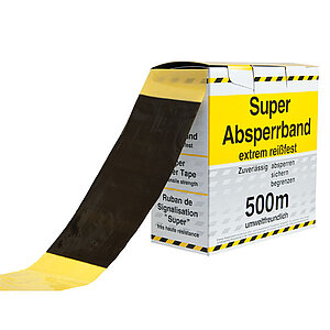 Absperrband gelb/schwarz geblockt | Flatterband in Spenderbox mit Abrollvorrichtung KE1221 Absperrband gelb/schwarz geblockt | Flatterband in Spenderbox mit Abrollvorrichtung