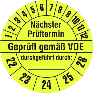 Prüfplakette | Nächster Prüftermin - Geprüft gemäß VDE - durchgeführt durch