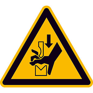 Warnschild auf Bogen | Warnung vor Quetschgefahr der Hand zwischen den Werkzeugen einer Presse