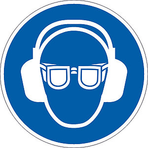 Gebotsschild auf Bogen | Gehör- und Augenschutz benutzen
