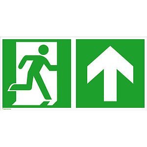 Fluchtwegschild - langnachleuchtend | Notausgang rechts mit Zusatzzeichen: Richtungsangabe aufwärts bzw. geradeaus