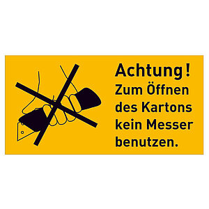 Verpackungsetiketten | Text: Achtung! Zum Öffnen des Kartons kein Messer benutzen.