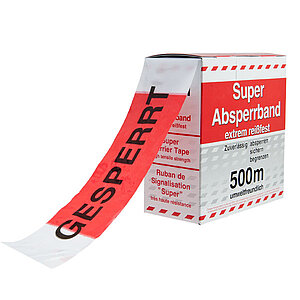 Absperrband rot/weiß geblockt mit Text: GESPERRT | Flatterband in Spenderbox mit Abrollvorrichtung