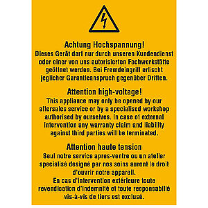 Warn-Kombischild | Achtung Hochspannung! Dieses Gerät darf nur durch unseren Kundendienst... 21.0649 Warn-Kombischild | Achtung Hochspannung! Dieses Gerät darf nur durch unseren Kundendienst...