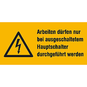 Warn-Kombischild auf Bogen | Arbeiten dürfen nur bei ausgeschaltetem 30.1480 Warn-Kombischild auf Bogen | Arbeiten dürfen nur bei ausgeschaltetem