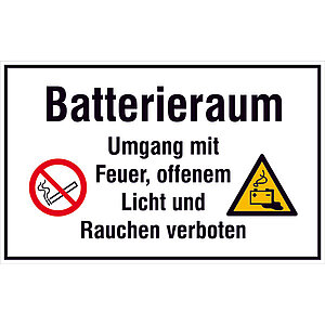 Hinweisschild - Betriebskennzeichnung | Batterieraum Umgang mit Feuer, offenem Licht