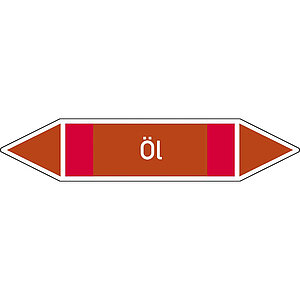 Pfeilschild - Rohrleitungskennzeichnung auf Bogen | Gruppe 8, Brennbare Flüssigkeiten, (rot, braun, rot),