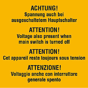 Warn-Zusatzschild | Achtung Spannung auch bei ausgeschaltetem Hauptschalter 21.0620 Warn-Zusatzschild | Achtung Spannung auch bei ausgeschaltetem Hauptschalter