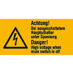 Warn-Kombischild auf Bogen | Achtung! Bei ausgeschaltetem Hauptschalter unter Spannung 30.0605 Warn-Kombischild auf Bogen | Achtung! Bei ausgeschaltetem Hauptschalter unter Spannung