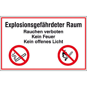 Hinweisschild - Betriebskennzeichnung | Explosionsgefährdeter Raum, Rauchen verboten,