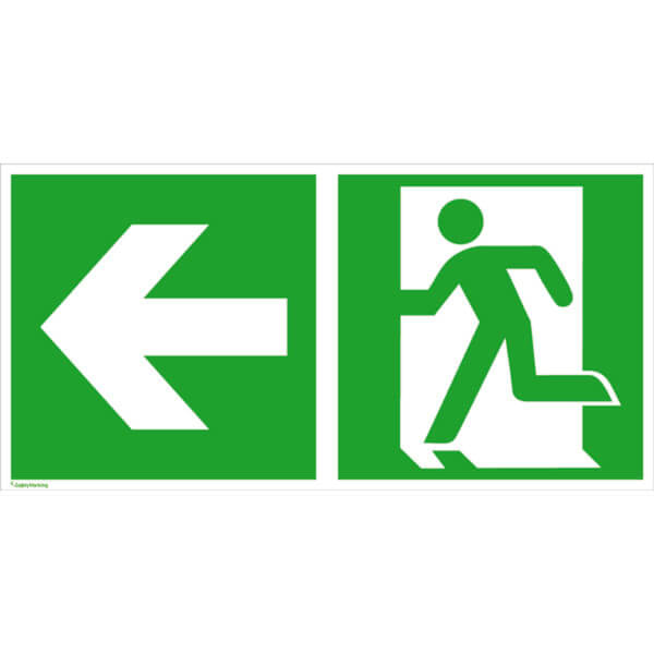 Fluchtwegschild PLUS - langnachleuchtend + tagesluoreszierend | Notausgang links mit Zusatzzeichen: Richtungsangabe links