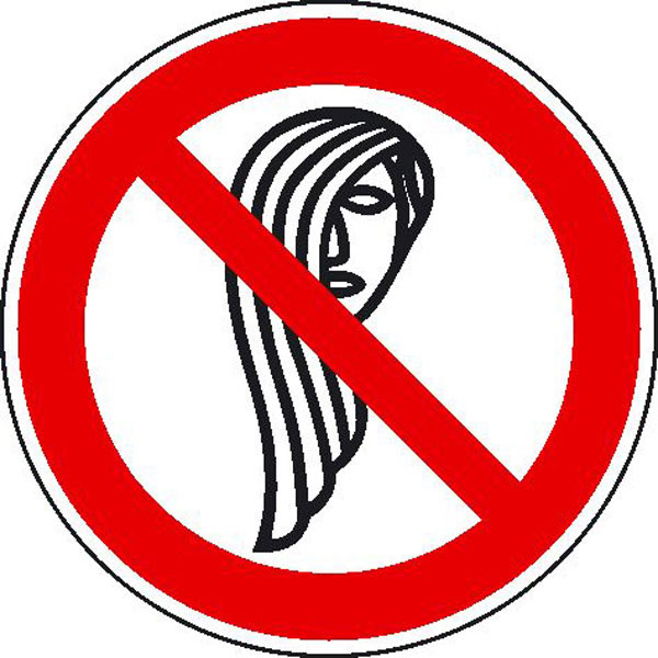 Verbotsschild auf Bogen | Bedienung mit langen Haaren verboten