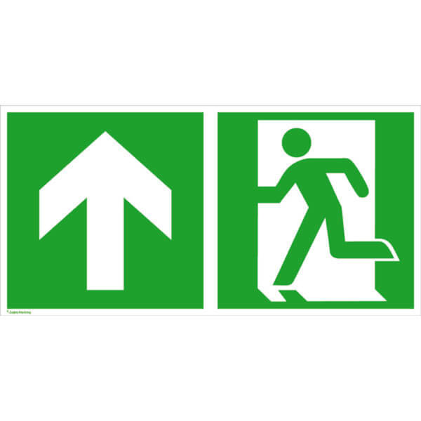 Fluchtwegschild - langnachleuchtend | Notausgang links mit Zusatzzeichen: Richtungsangabe aufwärts bzw. geradeaus