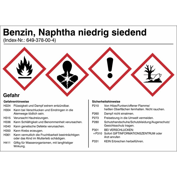 Gefahrstoffetikett Benzin | Naphtha niedrig siedend