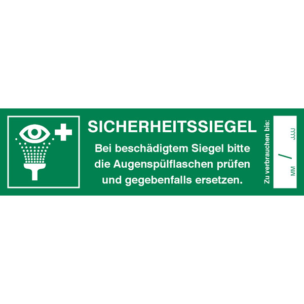 Sicherheitssiegel für Augenspülstation | Text: Bei beschädigtem Siegel bitte die Augenspülflaschen prüfen