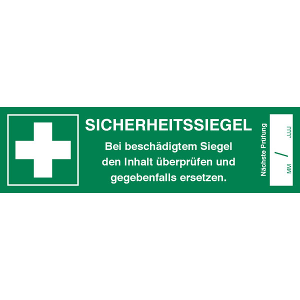 Sicherheitssiegel für Erste Hilfe Koffer | Text: Bei beschädigtem Siegel bitte die den Inhalt prüfen