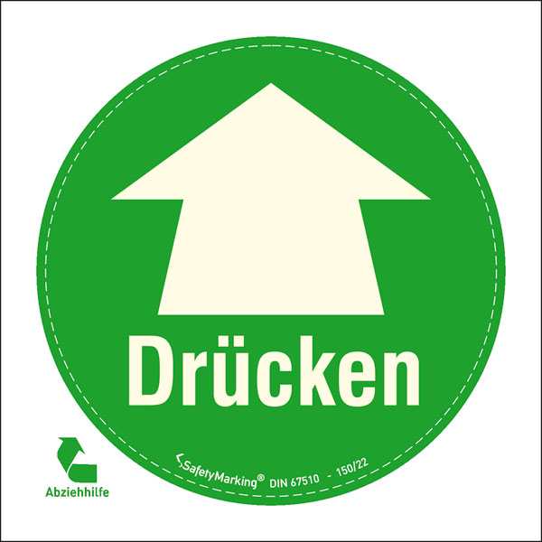 Türschild langnachleuchtend | Motiv: Drücken + Pfeil, einseitig bedruckt