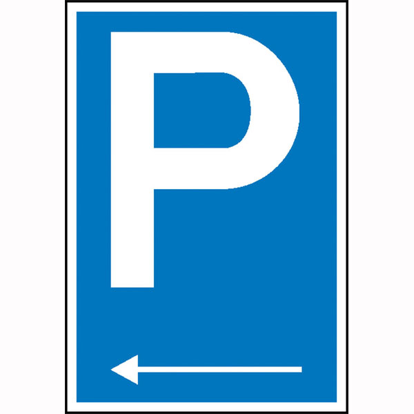Parkplatzschild | Symbol: P mit Richtungspfeil links