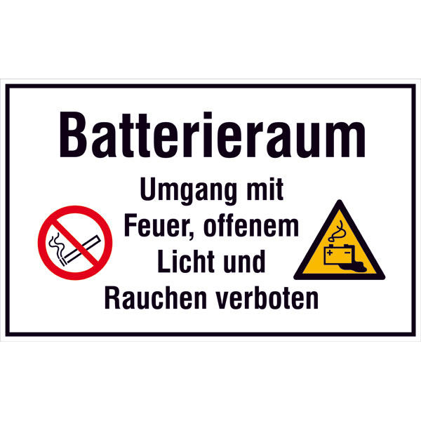 Hinweisschild - Betriebskennzeichnung | Batterieraum Umgang mit Feuer, offenem Licht