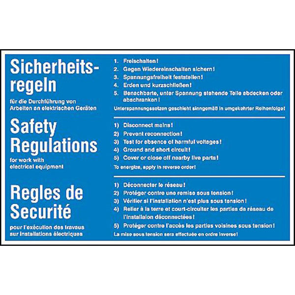 Hinweisschild - Elektrotechnik | 5 Sicherheitsregeln mehrsprachig