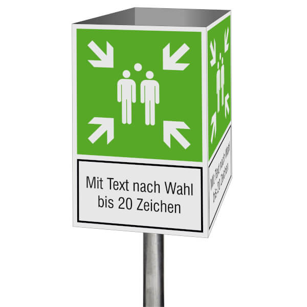 Fluchtwegschild-Würfel | Symbol: Sammelstelle  und Text nach Wahl