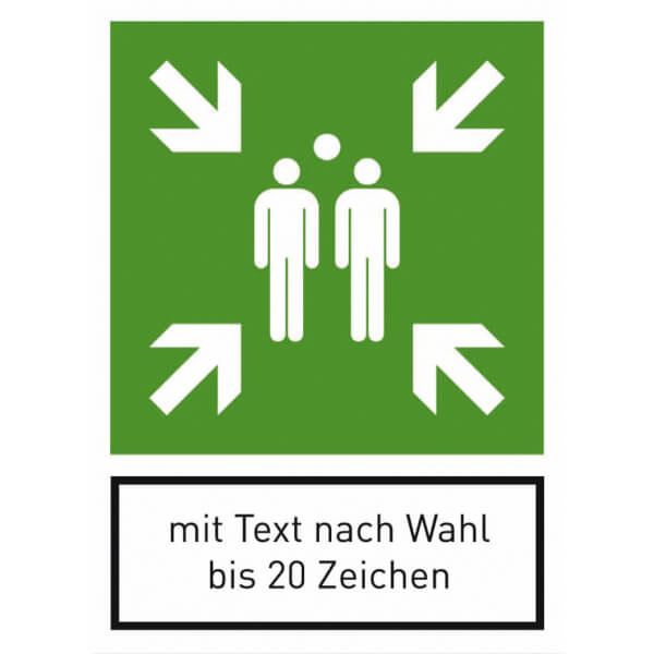 Fluchtwegschild | Sammelstelle  und  max. 20  Zeichen Text nach Wahl