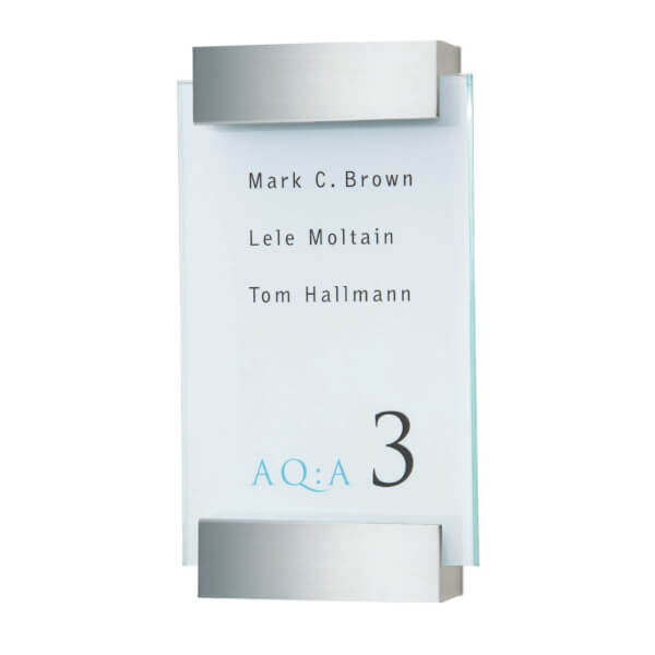 CLEAR Türschild | zwei Sicherheitsglasscheiben mit zwei edlen Aluminiumhaltern