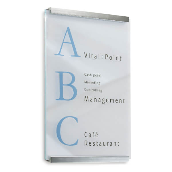 CLEAR Firmenschild | aus 1 x 6 mm Sicherheitsglas und 2 Aluminiumhaltern
