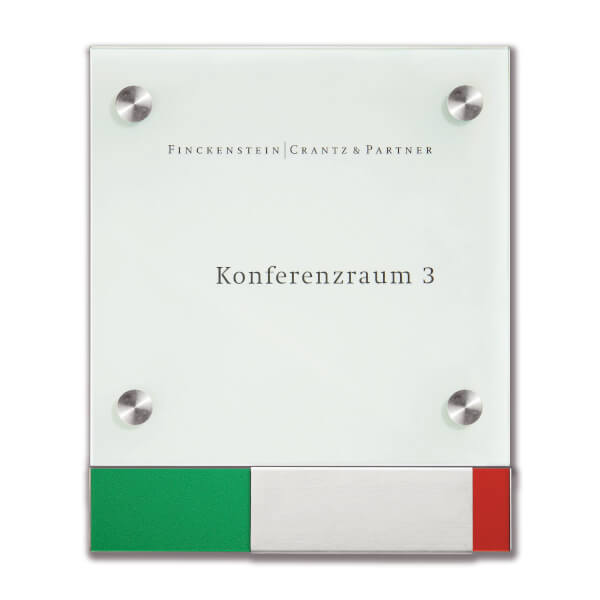 Cristallo Schild mit Frei-Besetzt-Anzeige | rahmenlos aus 2 x 4 mm Sicherheitsglas mit hochwertigen Edelstahlhaltern