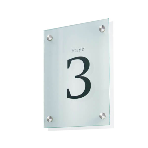 CRISTALLO Firmenschild A4 | rahmenlos aus 1 x 8 mm Sicherheitsglas mit hochwertigen Edelstahlhaltern