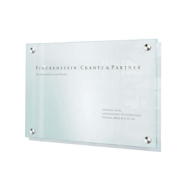 CRISTALLO Firmenschild A3 | rahmenlos aus 1 x 8 mm Sicherheitsglas mit hochwertigen Edelstahlhaltern