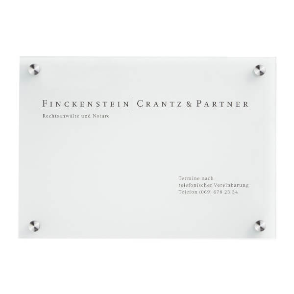 CRISTALLO Firmenschild Wegweiser | rahmenlos aus 1 x 8 mm Sicherheitsglas mit hochwertigen Edelstahlhaltern