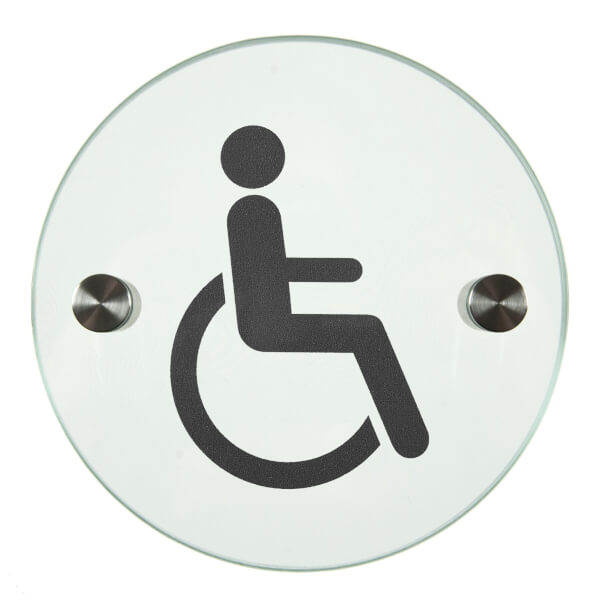 Orbis Türschild rund mit verschiedenen Symbolen | rahmenloses Glasschild aus Sicherheitsglas mit Edelstahlhaltern